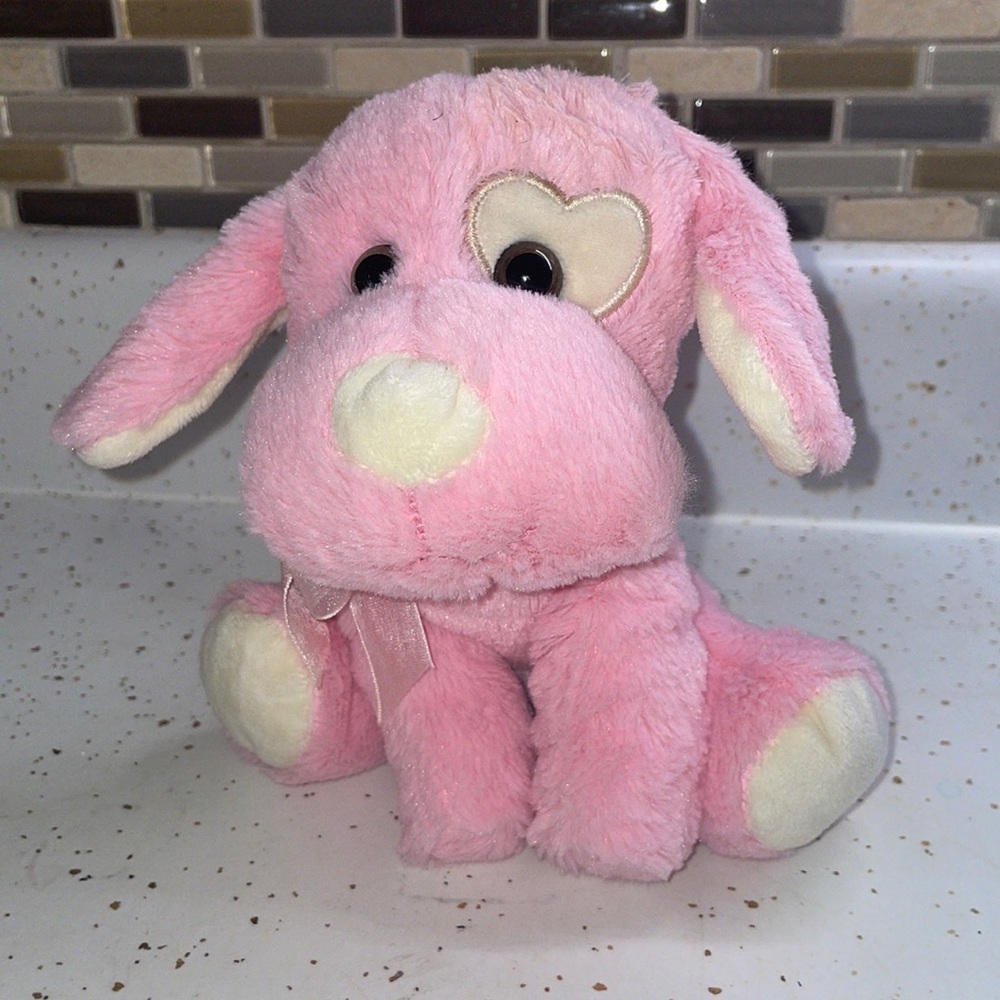 SOLD! Pink Dog Plush Heart shaped Right Eye